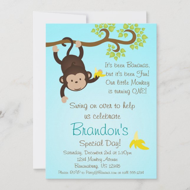 Blue Mod Monkey Boys Birthday Party Invite (Front)