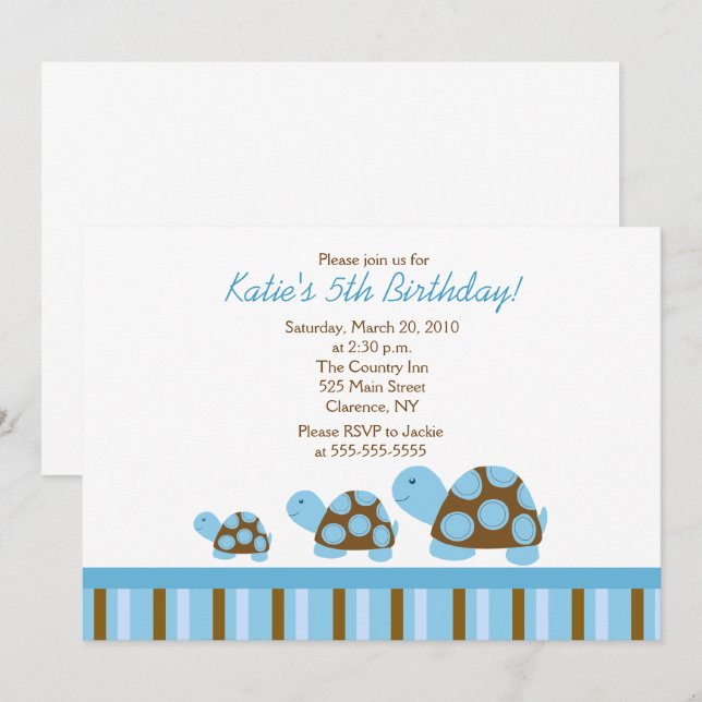 Blue Mod Turtles 5x7 Birthday Invitation (Front/Back)