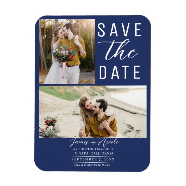 Blue Modern 2 Photos Save the Date Wedding Magnet (Vertical)