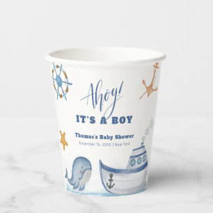 Blue Modern Ahoy Boy Whale Sailboat Baby Shower Paper Cups