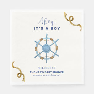 Blue Modern Ahoy Nautical Boy Baby Shower Napkin