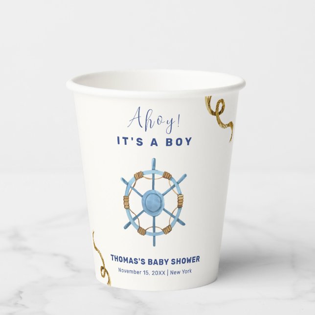 Blue Modern Ahoy Nautical Boy Baby Shower Paper Cups (Front)