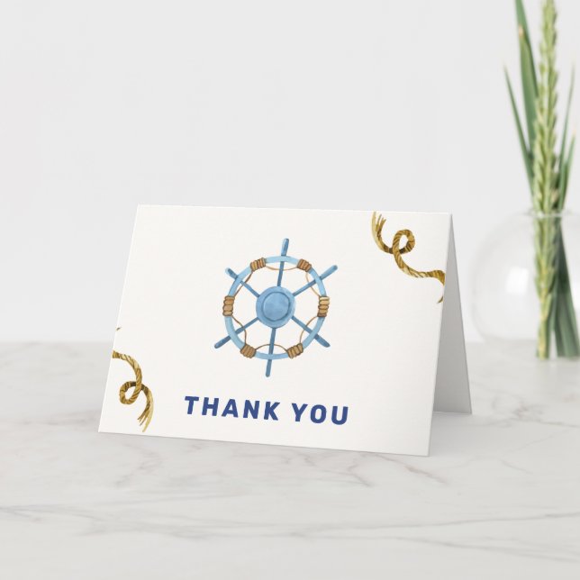 Blue Modern Ahoy Nautical Boy Baby Shower Thank You Card (Front)