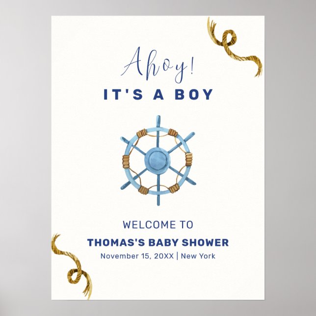 Blue Modern Ahoy Nautical Boy Baby Shower Welcome  Poster (Front)