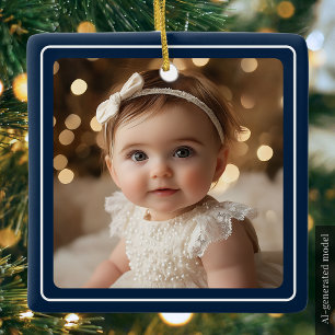 Blue Modern Baby Photo Minimalist Holiday Photo Ceramic Ornament