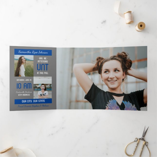 Blue Modern Block 5-Photo Graduation Tri-Fold Invitation (Inside)