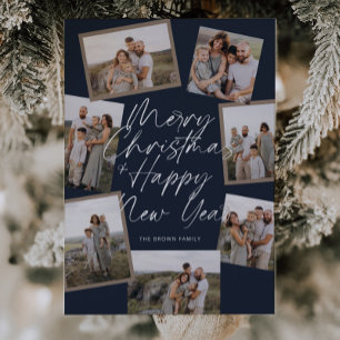 Blue Modern Boho 8 Photo Collage Christmas Foil Holiday Card