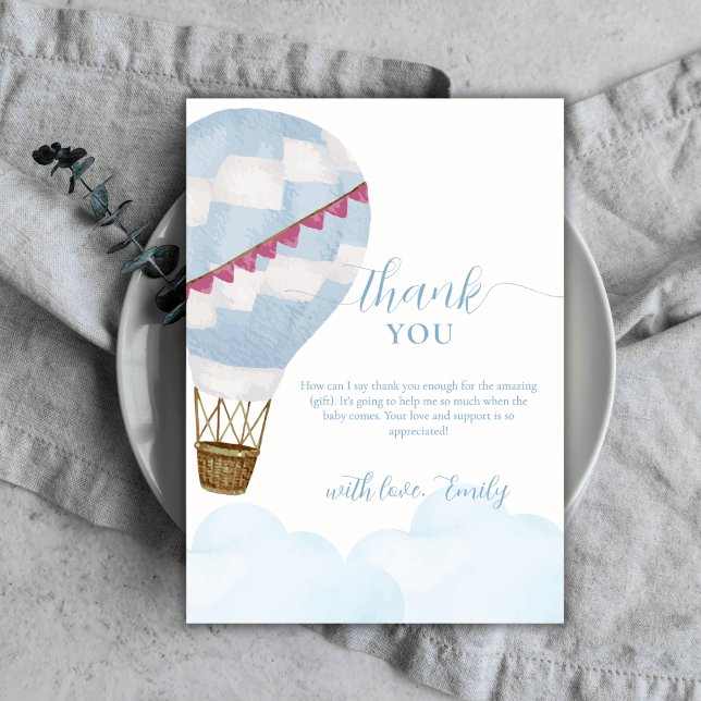 Blue Modern Boho Hot Air Balloon Baby Shower  Thank You Card (Blue Modern Boho Hot Air Balloon Baby Shower Thank You Card)