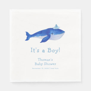 Blue Modern Boy Under The Sea Whale Baby Shower Napkin