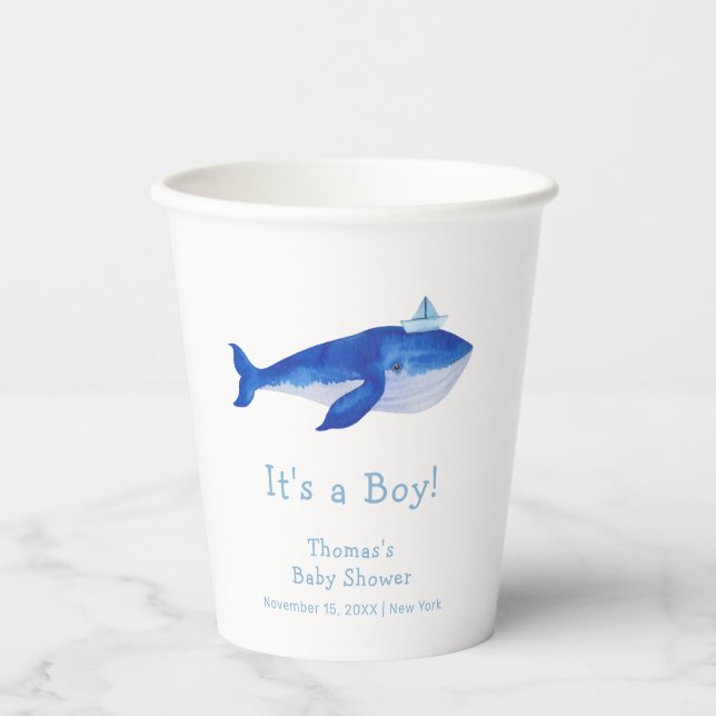 Blue Modern Boy Under The Sea Whale Baby Shower  Paper Cups (Front)