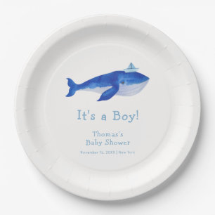 Blue Modern Boy Under The Sea Whale Baby Shower Paper Plate