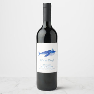 Blue Modern Boy Under The Sea Whale Baby Shower Wine Label