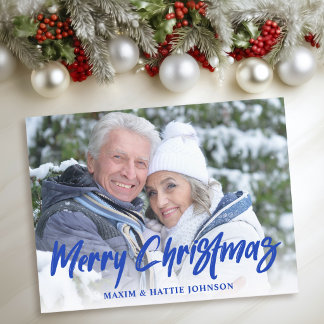 Blue Modern Brush Script Merry Christmas Photo Holiday Postcard