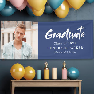 Blue Modern Brush Script Photo Graduation Party Banner