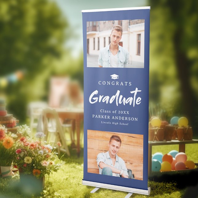 Blue Modern Brush Script Photo Graduation Party Retractable Banner (Blue Modern Brush Script Photo Graduation Party Retractable Banner)