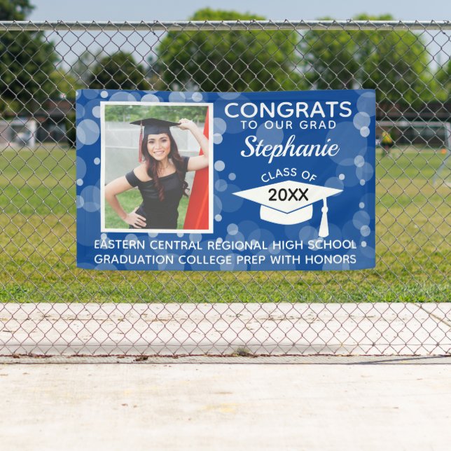 Blue Modern Bubbles Congrats Photo Graduation Yard Banner (Insitu)