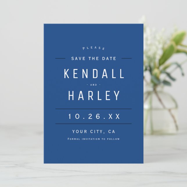 Blue Modern Chic Typography Simple Photo Save The Date (Standing Front)