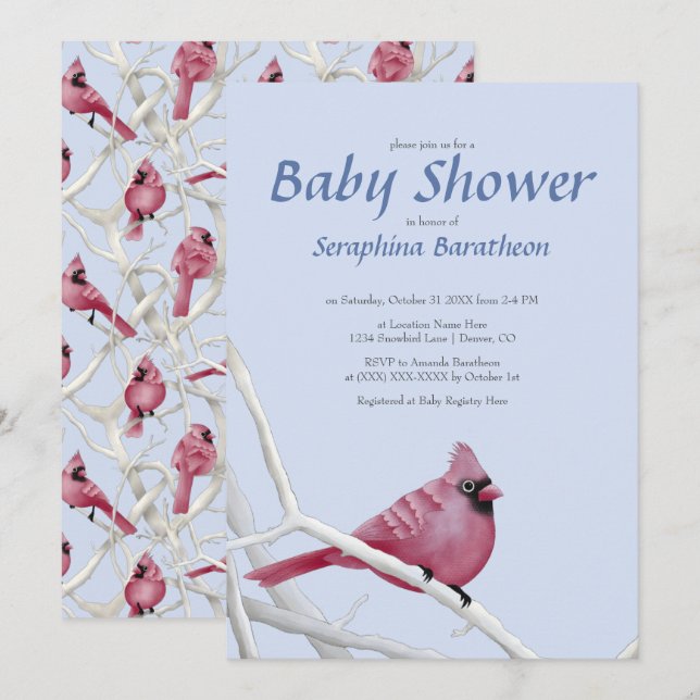 Blue Modern Christmas Cardinal Bird Baby Shower Invitation (Front/Back)