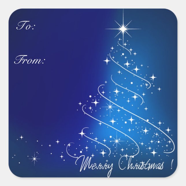 Blue Modern Christmas Tree Gift Tag Stickers (Front)