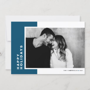 Blue Modern Colour Block Happy Holidays Photo Holiday Card
