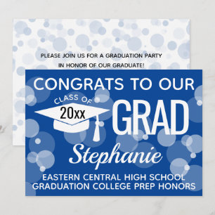 Blue Modern Confetti Bokeh Bubbles Graduation Invitation