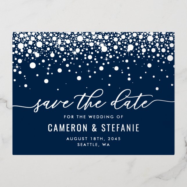 Blue Modern Confetti Silver Foil Save the Date Foil Invitation Postcard (Front)