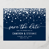 Blue Modern Confetti Silver Foil Save the Date