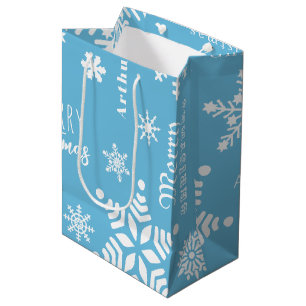 Blue Modern Custom Name Christmas Holiday Snow Medium Gift Bag