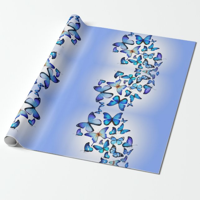 Blue Modern Elegant Fun Cute Butterfly Pattern Wrapping Paper (Unrolled)