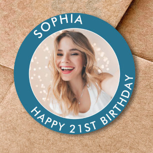 Blue Modern Elegant Happy 21st Birthday Photo Classic Round Sticker