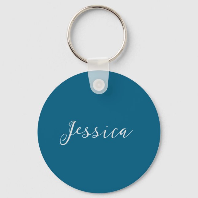 Blue Modern Elegant Plain Simple Professional Name Key Ring (Front)