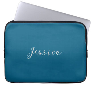 Blue Modern Elegant Plain Simple Professional Name Laptop Sleeve
