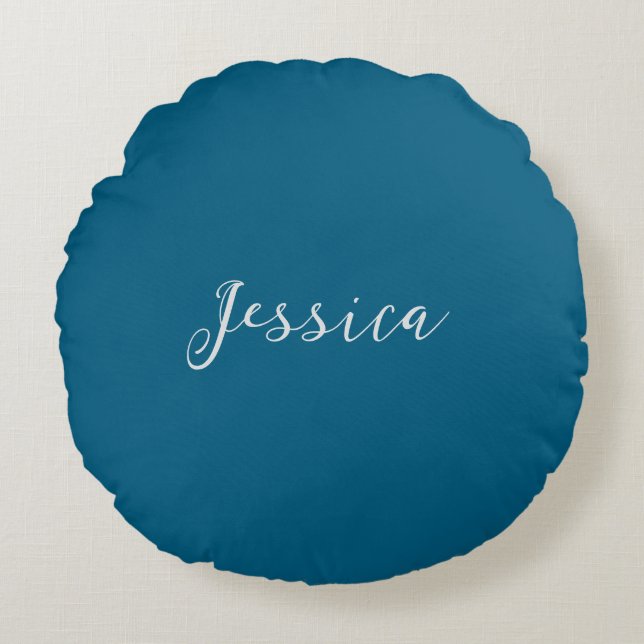 Blue Modern Elegant Plain Simple Professional Name Round Cushion (Front)