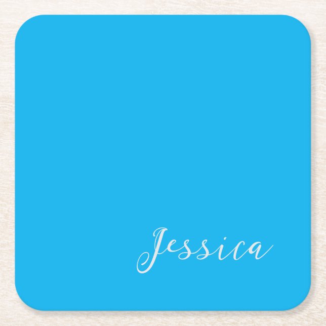 Blue Modern Elegant Plain Simple Professional Name Square Paper Coaster (Front)