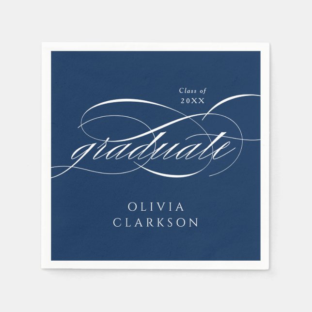 Blue Modern Elegant Script Graduation Party Napkin (Front)