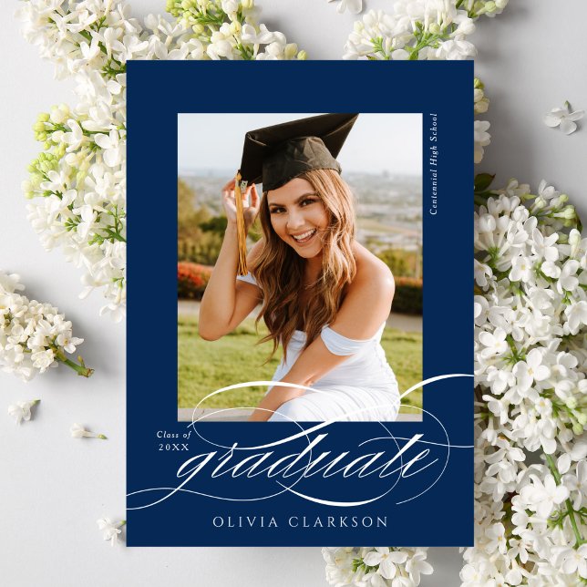 Blue Modern Elegant Script Photo Graduation Announcement (Creator Uploaded)