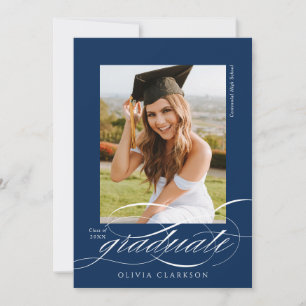Blue Modern Elegant Script Photo Graduation Party Invitation