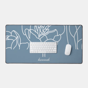 Blue Modern Elegant Wildflower Monogram Name Desk Mat