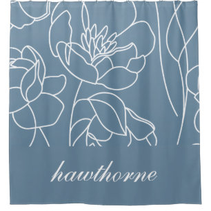Blue Modern Elegant Wildflower Monogram Name Shower Curtain