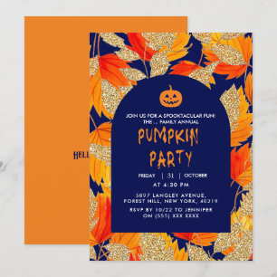 Blue   Modern Faux Glitter Leaves Halloween  Invitation