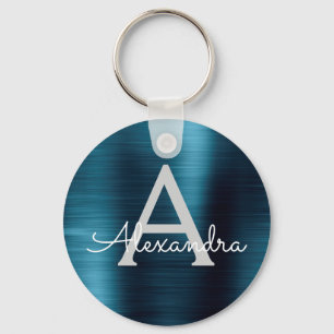 Blue Modern Faux Stainless Steel Monogram Key Ring