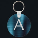 Blue Modern Faux Stainless Steel Monogram Key Ring<br><div class="desc">Modern and Elegant Blue Faux Stainless Steel Metallic Elegant Keychain. These Keychains can be customised to include your initial and first name. These key chains make great birthday,  bridal shower or bachelorette party favours.</div>