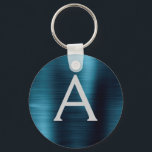 Blue Modern Faux Stainless Steel Monogram Key Ring<br><div class="desc">Modern and Elegant Blue Faux Stainless Steel Metallic Elegant Keychain. These Keychains can be customised to include your initial and first name. These key chains make great birthday,  bridal shower or bachelorette party favours.</div>