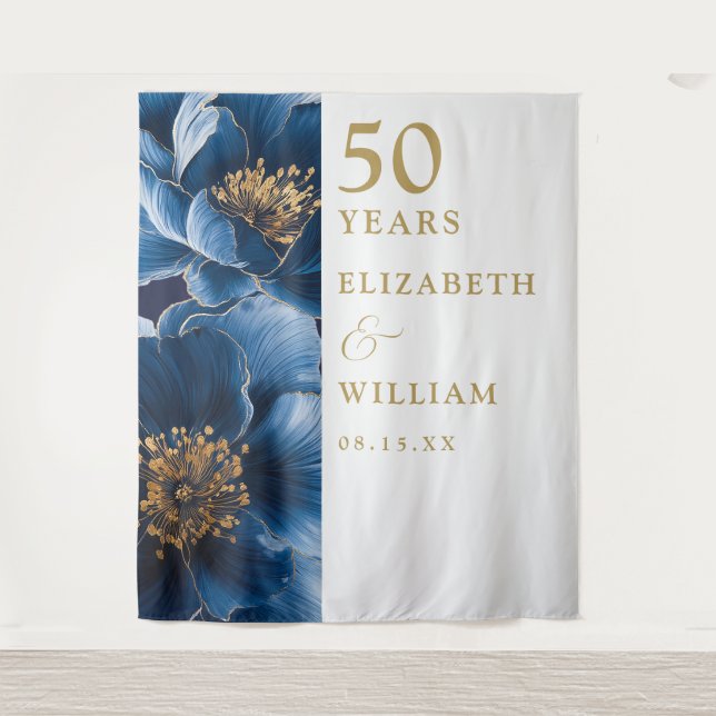 Blue Modern Floral 50th Anniversary Photo Backdrop Tapestry (Front)