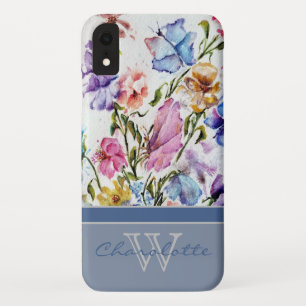 Blue Modern Floral and Butterfly Monogram Name iPhone XR Case
