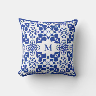 Blue Modern Floral Pattern Elegant Simple Monogram Cushion