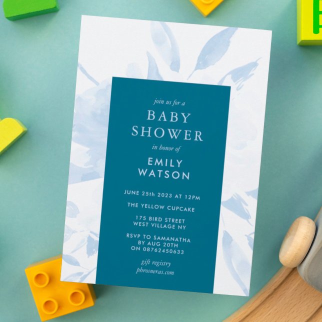 Blue Modern Floral Watercolor Baby Shower Invitation (Creator Uploaded)