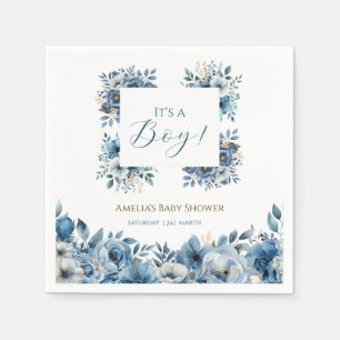 Blue Modern Floral Watercolor Baby Shower Napkin