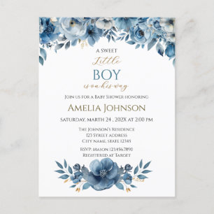 Blue Modern Floral Watercolor Baby Shower Postcard