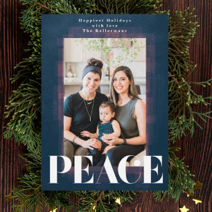 Blue Modern Frame Peace Holiday Christmas Photo Card